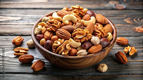 A bowl filled with an assortment of walnuts, cashews, and almonds, mixed nuts, variety, healthy snack, bowl, nut selection photo