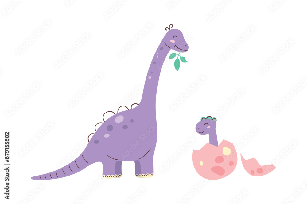 Cute purple brachiosaurus with baby in egg. Dinosaur Kids Style. Cute character. Flat vector illustration for children Cute purple brachiosaurus with baby in egg. Dinosaur Kids Style. Cute character. Flat vector illustration for children