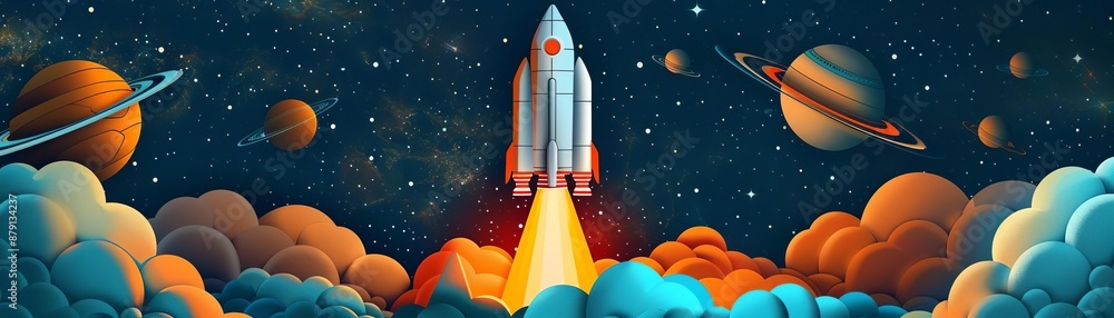 Naklejka premium space exploration flat design top view futuristic cartoon drawing vivid