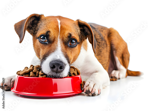 Playful Jack Russell Terrier puppy curiously explores empty red bowl on white studio background photo