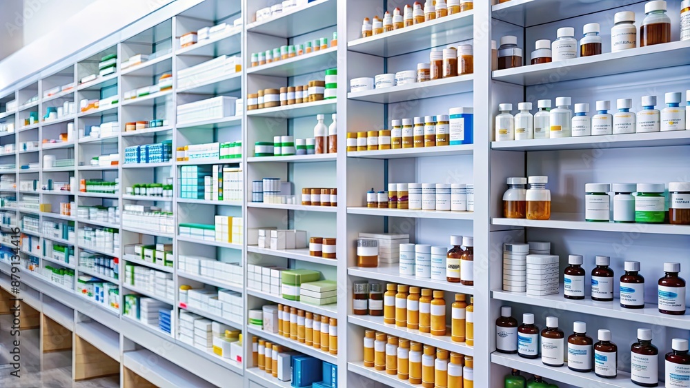 Close-up of a well-organized pharmacy shelf with fictional medication labels, pharmacy, shelf, organized, medication Close-up of a well-organized pharmacy shelf with fictional medication labels, pharmacy, shelf, organized, medication