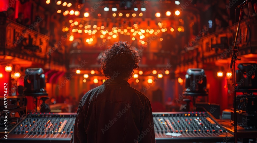 A sound engineer stands behind a large mixing board, looking out at the audience during a live concert in a venue with red lights. A sound engineer stands behind a large mixing board, looking out at the audience during a live concert in a venue with red lights.