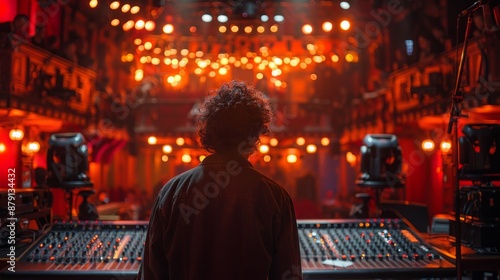 A sound engineer stands behind a large mixing board, looking out at the audience during a live concert in a venue with red lights.