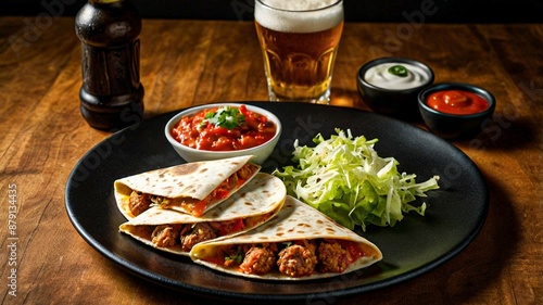 Mexican quesadillas with copy space on colorful background