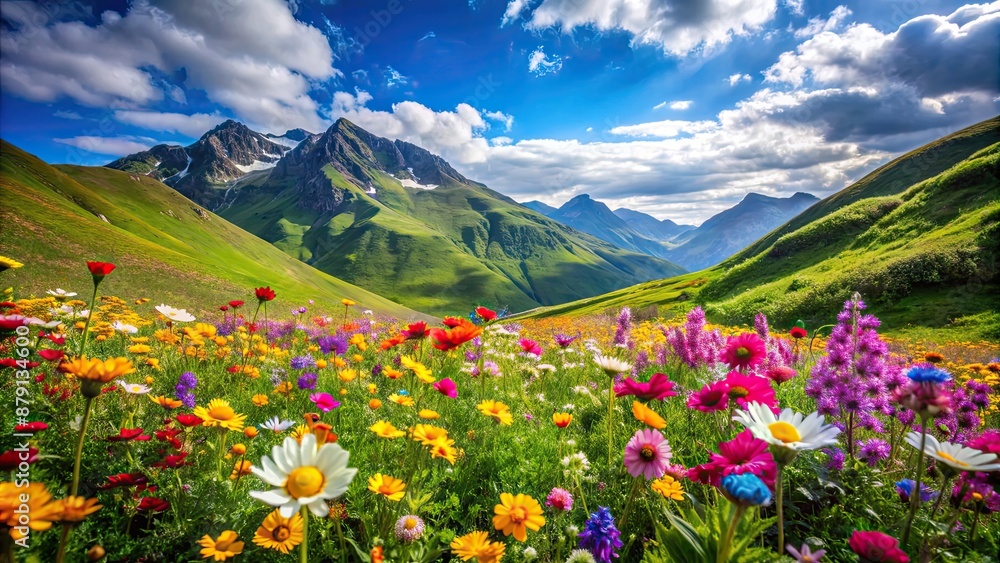Obraz premium Beautiful colourful flowers blooming in a mountain valley under a blue sky, creating a natural summer landscape, flowers