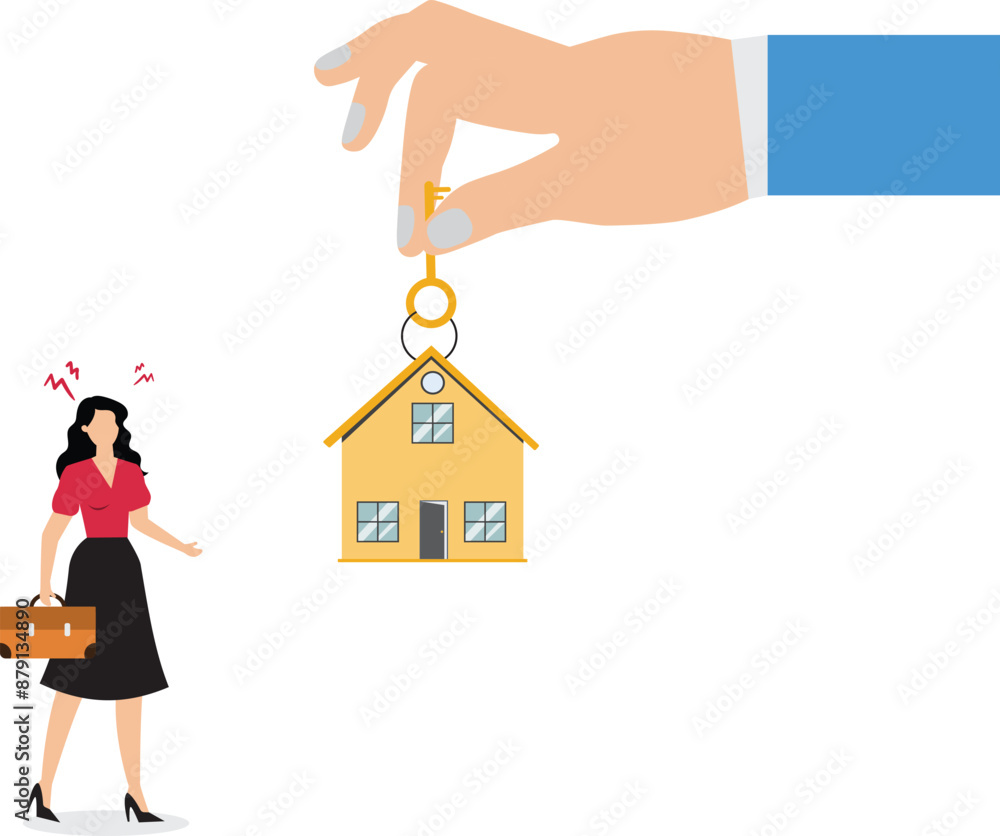 Businesswoman takes house key from giant hand Businesswoman takes house key from giant hand
