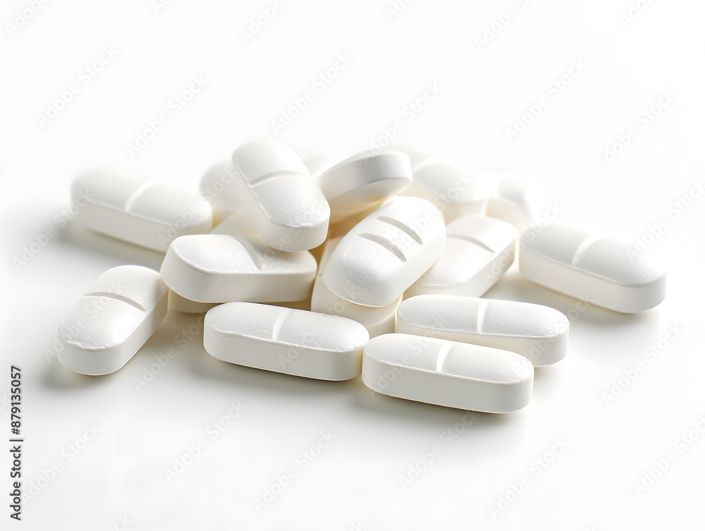 Close-up of assorted white tablets and capsules isolated on plain background Close-up of assorted white tablets and capsules isolated on plain background