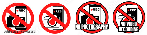 set No Photography and Videography sign. No camera allowed Prohibited sign template vector illustration
