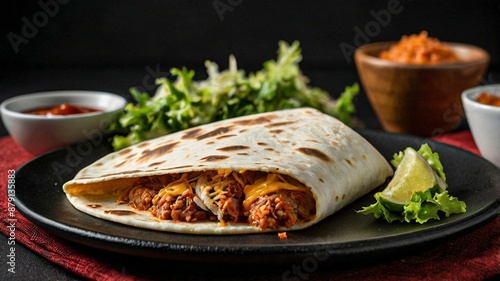 Mexican quesadillas with copy space on colorful background