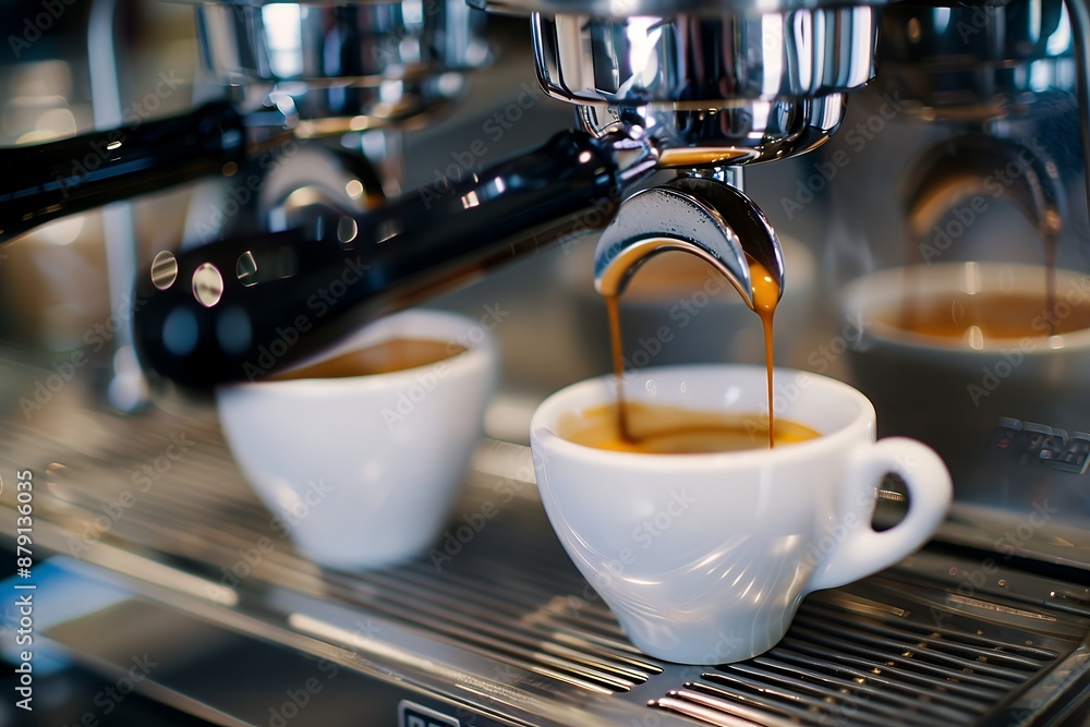 Photo of a modern coffee machine making espresso in two white cups, in a closeup shot focused on the contrast between dark and light elements. The white ceramic mugs are placed next to each other unde Photo of a modern coffee machine making espresso in two white cups, in a closeup shot focused on the contrast between dark and light elements. The white ceramic mugs are placed next to each other unde
