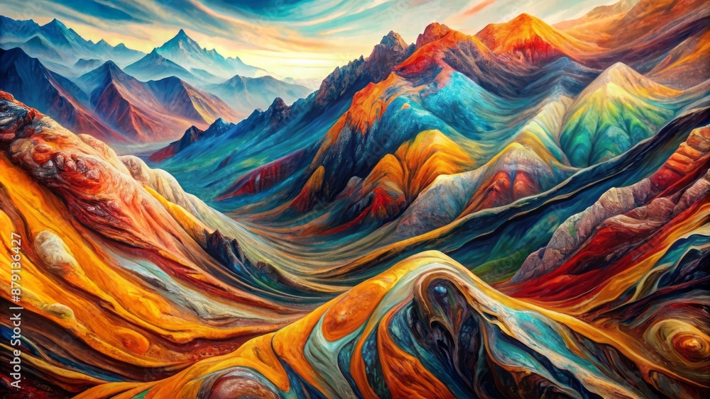Vibrant, swirling patterns of colorful acrylic paint evoke the majestic, rugged texture of mountain marble in a stunning, abstract design. Vibrant, swirling patterns of colorful acrylic paint evoke the majestic, rugged texture of mountain marble in a stunning, abstract design.