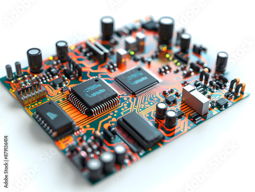 A close-up of a computer motherboard circuit board filled with electronic components like processors and capacitors photo