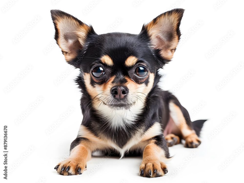 Two adorable chihuahua puppies, one brown, sit playfully on a crisp white background Two adorable chihuahua puppies, one brown, sit playfully on a crisp white background