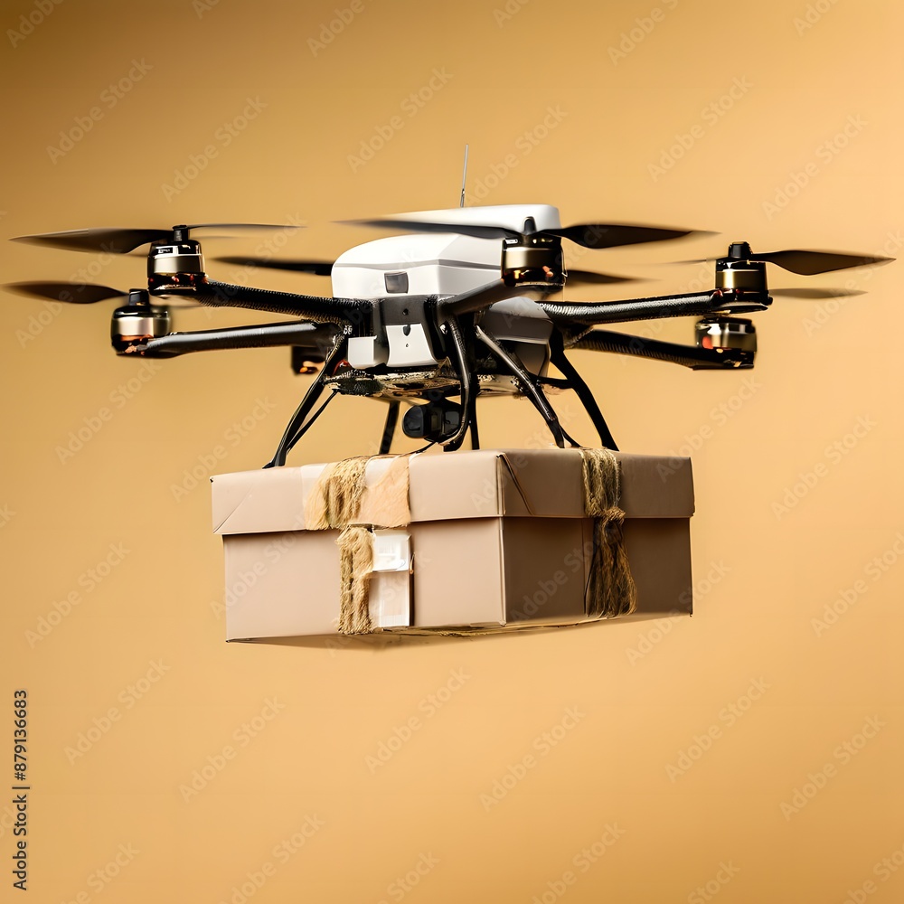 Drone delivery of a product at outdoor, modern day E-commerce concept Drone delivery of a product at outdoor, modern day E-commerce concept