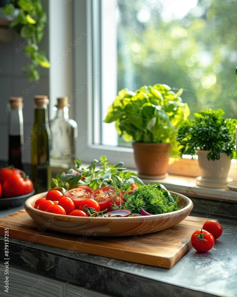 A wooden bowl filled with tomatoes, lettuce A wooden bowl filled with tomatoes, lettuce