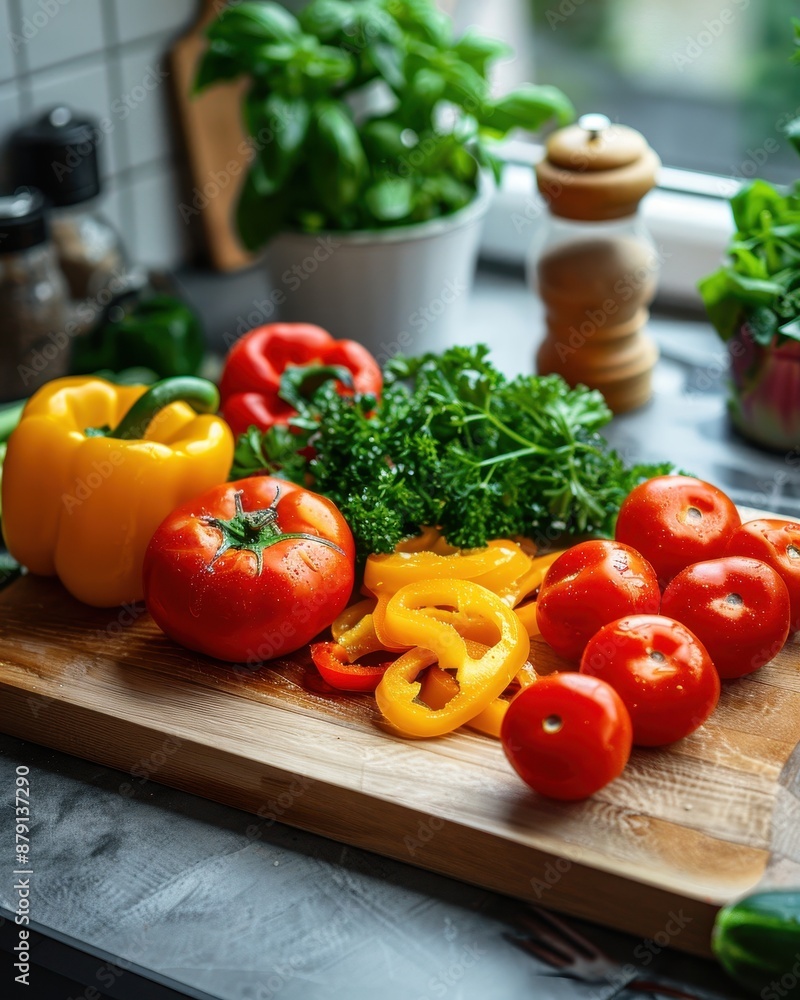 A wooden cutting board with a variety of vegetables including tomatoes, peppers A wooden cutting board with a variety of vegetables including tomatoes, peppers