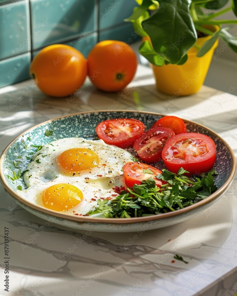 A plate of eggs, tomatoes, and spinach is on a counter A plate of eggs, tomatoes, and spinach is on a counter