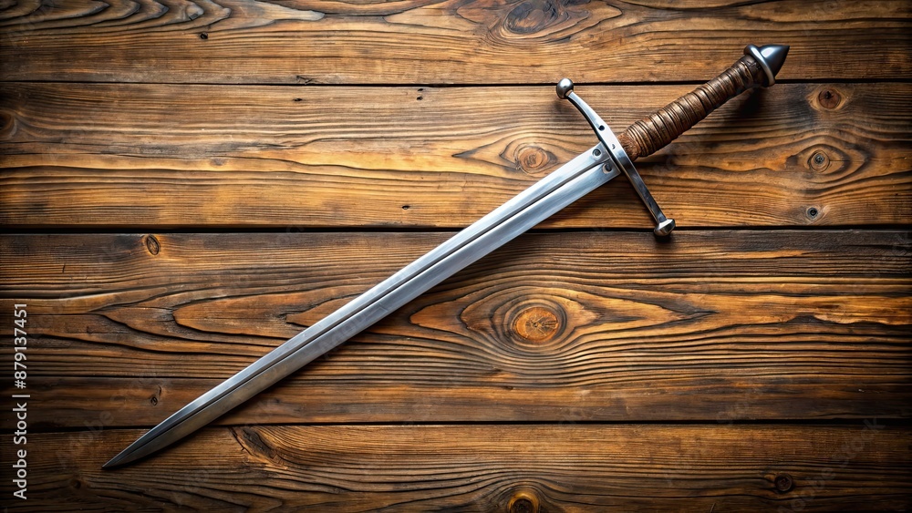 A detailed photo of a medieval longsword on a wooden background, weapon, sword, historical, knight, combat, blade, metal A detailed photo of a medieval longsword on a wooden background, weapon, sword, historical, knight, combat, blade, metal