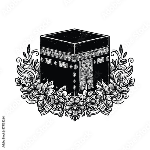 Art & Illustrationhand drawn Illustration of Kaaba. engraving black and white Kaaba vector illustration isolated on white background, famous landmarks drawing