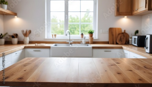 Wooden Kitchen Tabletop, Blurred Kitchen Background