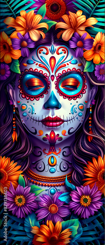 A woman's face is painted with flowers and skulls. The flowers are purple and yellow, and the skull is blue. The woman's face is surrounded by a colorful floral design A woman's face is painted with flowers and skulls. The flowers are purple and yellow, and the skull is blue. The woman's face is surrounded by a colorful floral design