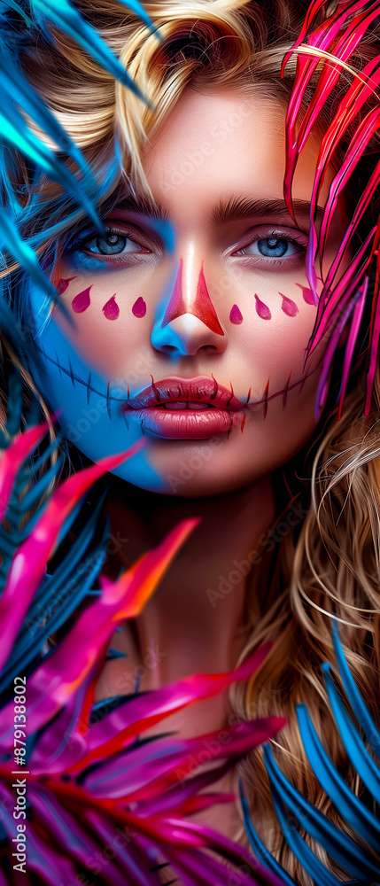A woman with a face painted like a skeleton is surrounded by colorful leaves. The image has a vibrant and playful mood, with the bright colors of the leaves contrasting with the dark A woman with a face painted like a skeleton is surrounded by colorful leaves. The image has a vibrant and playful mood, with the bright colors of the leaves contrasting with the dark