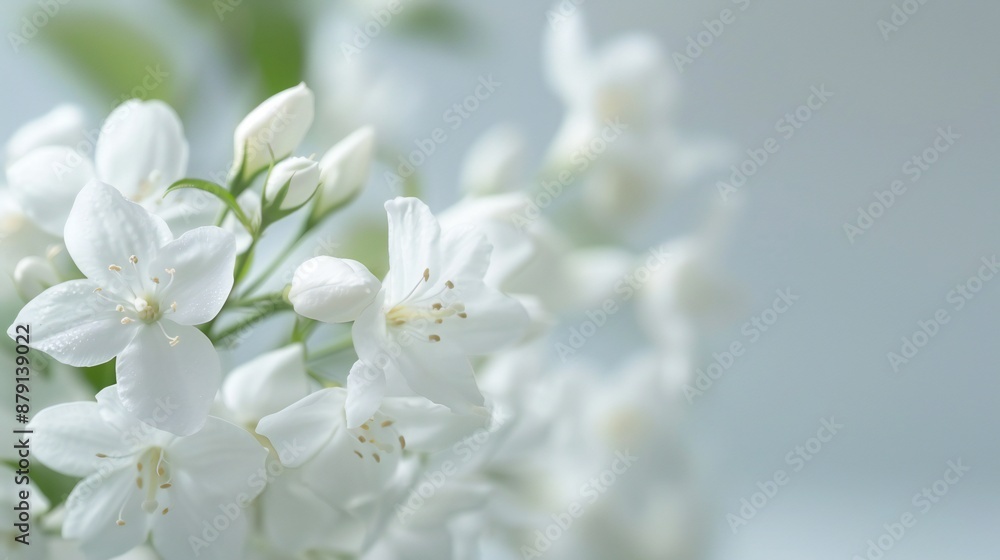 Close-up of jasmine flowers, soft-focus indoor garden backdrop, soft shadows, evoke tranquility, soothing and delicate composition. Close-up of jasmine flowers, soft-focus indoor garden backdrop, soft shadows, evoke tranquility, soothing and delicate composition.