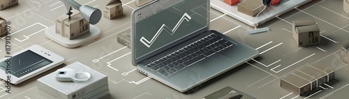 A laptop on a gray surface with various tech objects surrounding it.