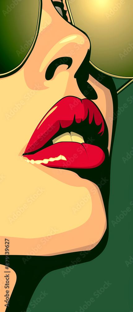 Fototapeta premium A woman with red lips and sunglasses. The woman is wearing sunglasses and has a smile on her face