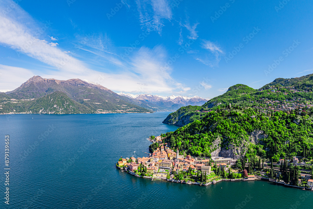 Panoramic aerial view of Varenna on shores of Lake Como Panoramic aerial view of Varenna on shores of Lake Como
