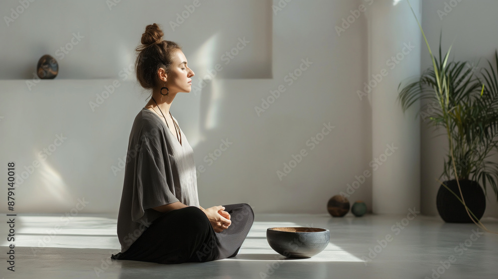 Practitioner performing sound healing in a minimalist modern room, focused and serene, right third copy space Practitioner performing sound healing in a minimalist modern room, focused and serene, right third copy space