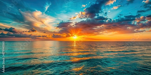 Fototapeta Naklejka Na Ścianę i Meble -  Beautiful sunset over the ocean with a serene teal and orange color palette , serene, sunset, ocean, beauty, nature, horizon