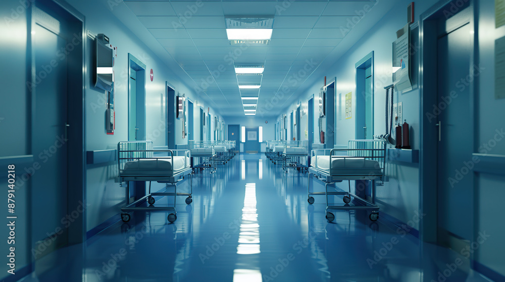A bed in an empty hospital corridor A bed in an empty hospital corridor
