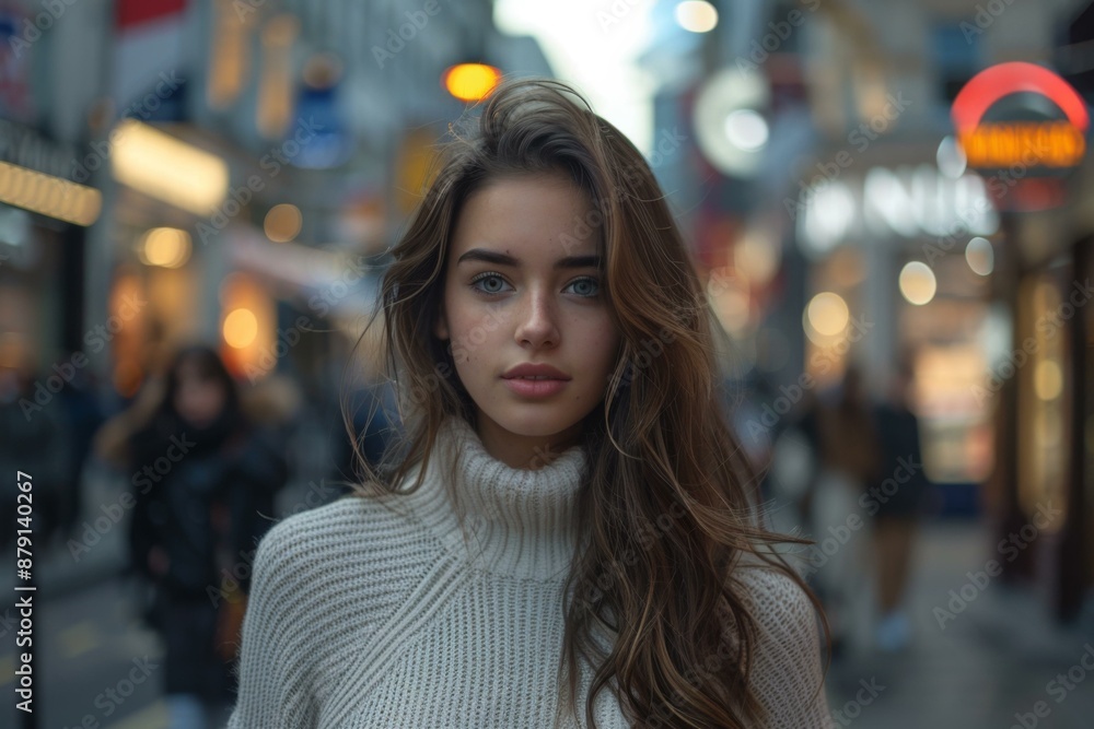 Portrait of a beautiful young woman with long brown hair wearing a white turtleneck sweater. AI. Portrait of a beautiful young woman with long brown hair wearing a white turtleneck sweater. AI.