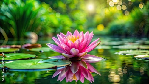 Beautiful pink water lily floating in a tranquil pond surrounded by lush greenery , water lily, pink, flower, nature, pond