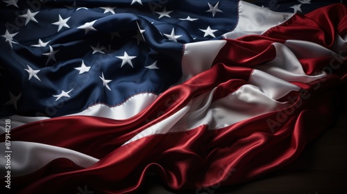 Close-up of the American flag with its stars and stripes draped softly, symbolizing patriotism and national pride.