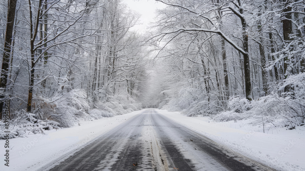 A road covered in snow goes through thick woods. The sky is gray, and the air is calm and peaceful. A road covered in snow goes through thick woods. The sky is gray, and the air is calm and peaceful.