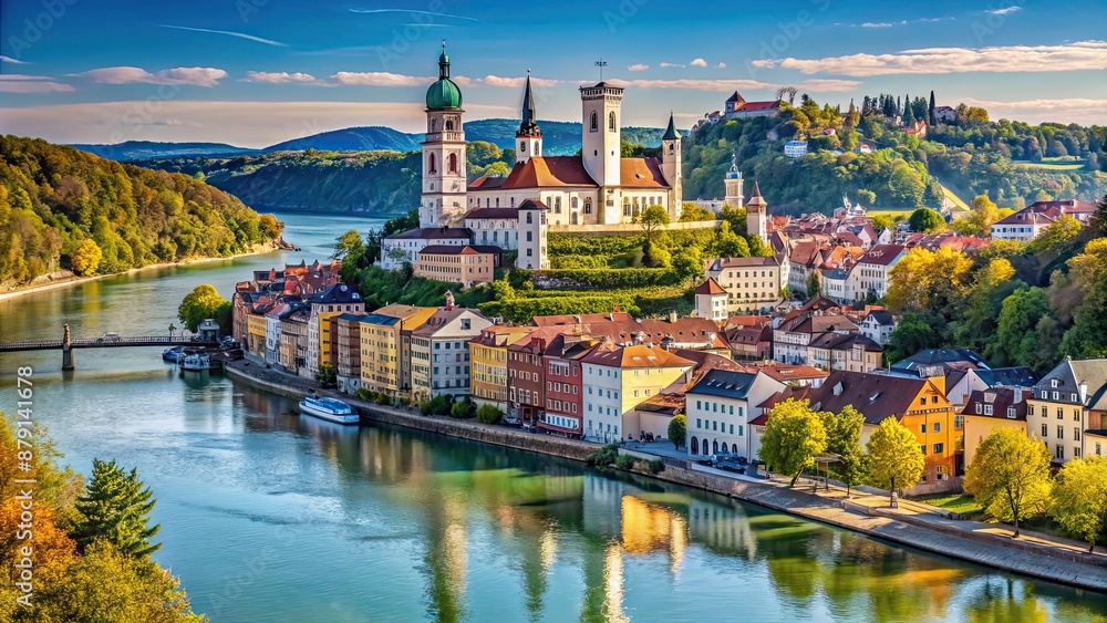 Obraz premium A stunning view of the Dreifl?sseeck in Passau, where the Danube, Inn, and Ilz rivers meet, Passau, Germany