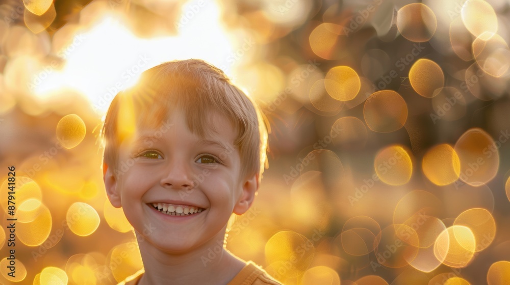 Fototapeta premium Happy young boy smiling brightly with golden bokeh lights in the background, creating a warm and joyful atmosphere.