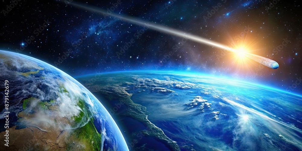 Fototapeta premium A vibrant stock photo of a comet passing close to planet earth, delivering water to the planet, comet