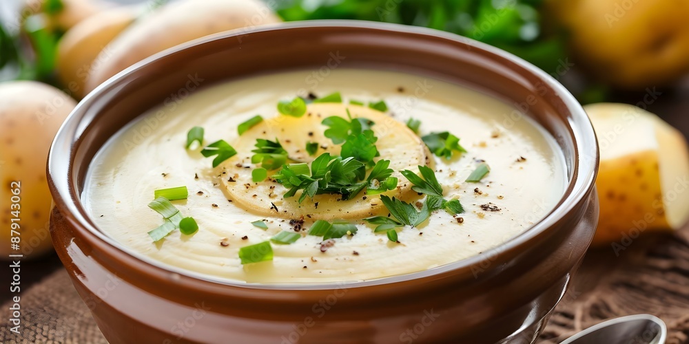 A comforting bowl of potato soup garnished with fresh herbs. Concept Potato soup, Comfort food, Fresh herbs, Soup recipe, Winter warmer A comforting bowl of potato soup garnished with fresh herbs. Concept Potato soup, Comfort food, Fresh herbs, Soup recipe, Winter warmer