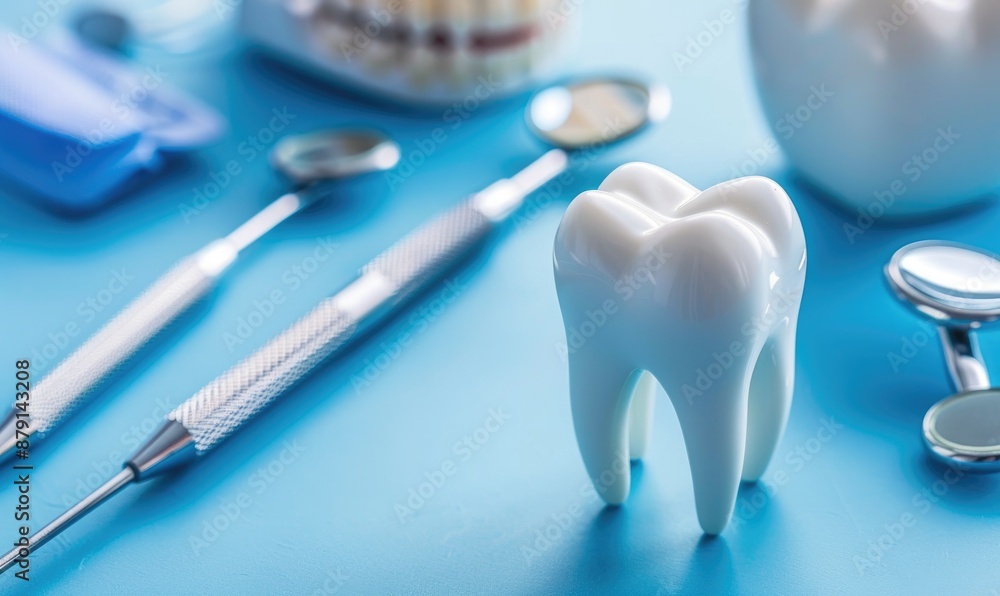 Model of a tooth and dental instruments on the blue background Model of a tooth and dental instruments on the blue background