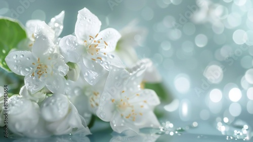 Jasmine flowers, soft-focus morning dew backdrop, fresh sunlight, represent purity, vibrant and refreshing composition.