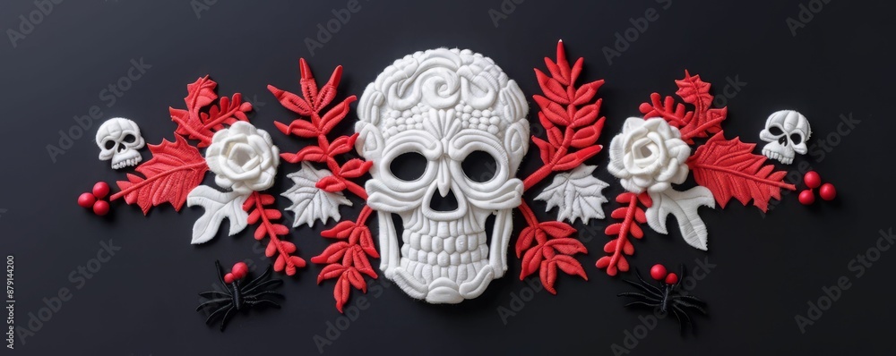 Sugar Skull Halloween Decoration with Red Leaves and Flowers. Sugar Skull Halloween Decoration with Red Leaves and Flowers.