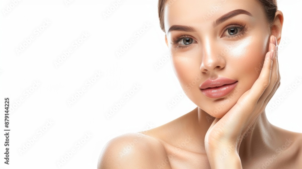A woman with a beautiful face and flawless skin Use your hand to lightly touch her face. This image captures the concept of facial skin care. Facial skin care, beauty science, cosmetics A woman with a beautiful face and flawless skin Use your hand to lightly touch her face. This image captures the concept of facial skin care. Facial skin care, beauty science, cosmetics