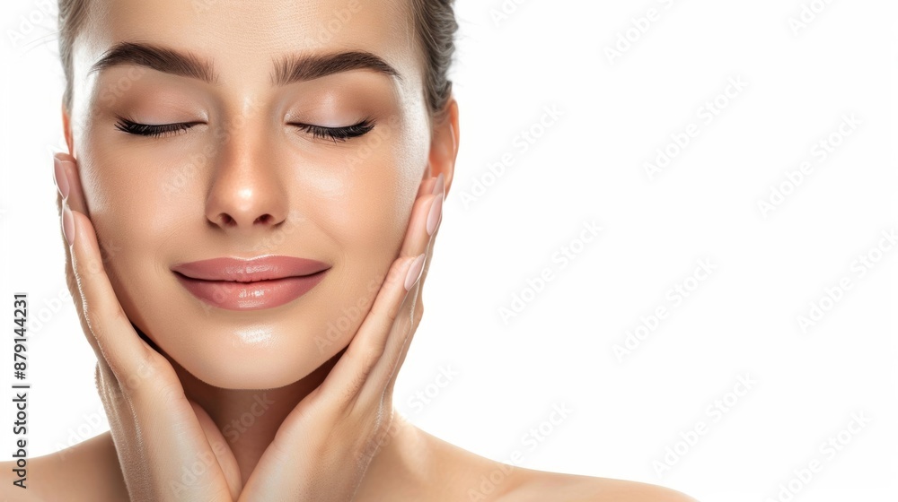 A woman with a beautiful face and flawless skin Use your hand to lightly touch her face. This image captures the concept of facial skin care. Facial skin care, beauty science, cosmetics A woman with a beautiful face and flawless skin Use your hand to lightly touch her face. This image captures the concept of facial skin care. Facial skin care, beauty science, cosmetics