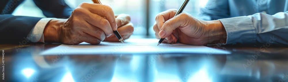 Obraz premium High Level Agreement Focus on two executives signing a contract with a corporate office background right 