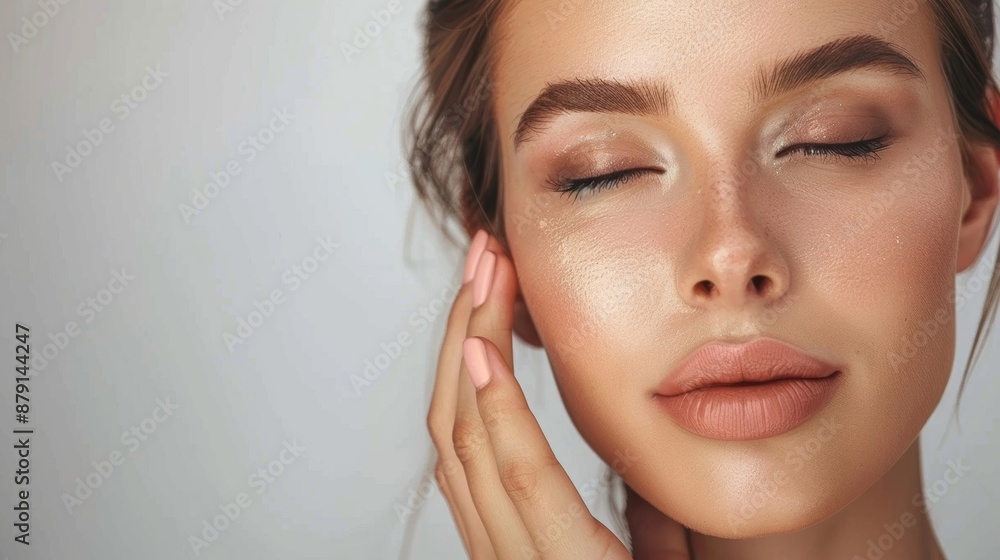 A woman with a beautiful face and flawless skin Use your hand to lightly touch her face. This image captures the concept of facial skin care. Facial skin care, beauty science, cosmetics A woman with a beautiful face and flawless skin Use your hand to lightly touch her face. This image captures the concept of facial skin care. Facial skin care, beauty science, cosmetics