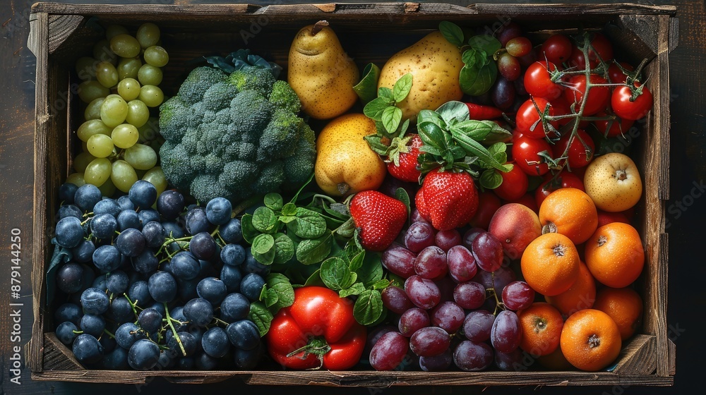 Artistic composition of fresh fruits and vegetables arranged in a rustic wooden crate, ideal for healthy eating Artistic composition of fresh fruits and vegetables arranged in a rustic wooden crate, ideal for healthy eating