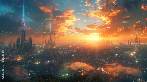 Artistic rendering of futuristic city skyline with holographic elements, ideal for sci-fi concepts